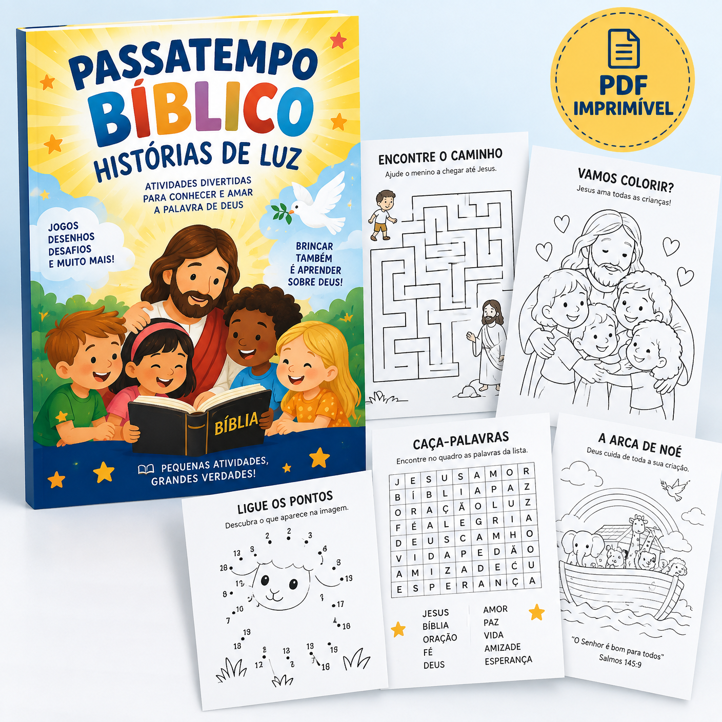Livro Passatempo Bíblico Histórias de Luz com exemplos de atividades para imprimir